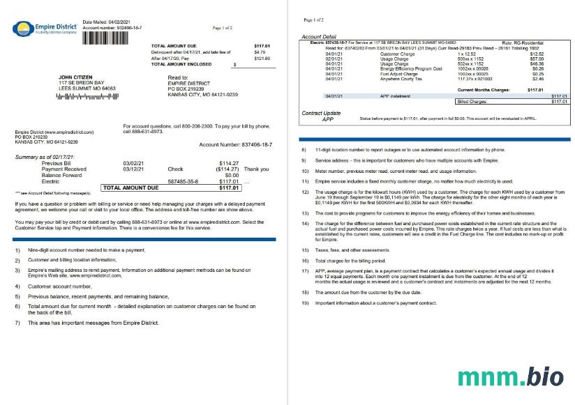 USA Empire District Electric Firma rachunek za media szablon w formacie Word i PDF (2 strony)